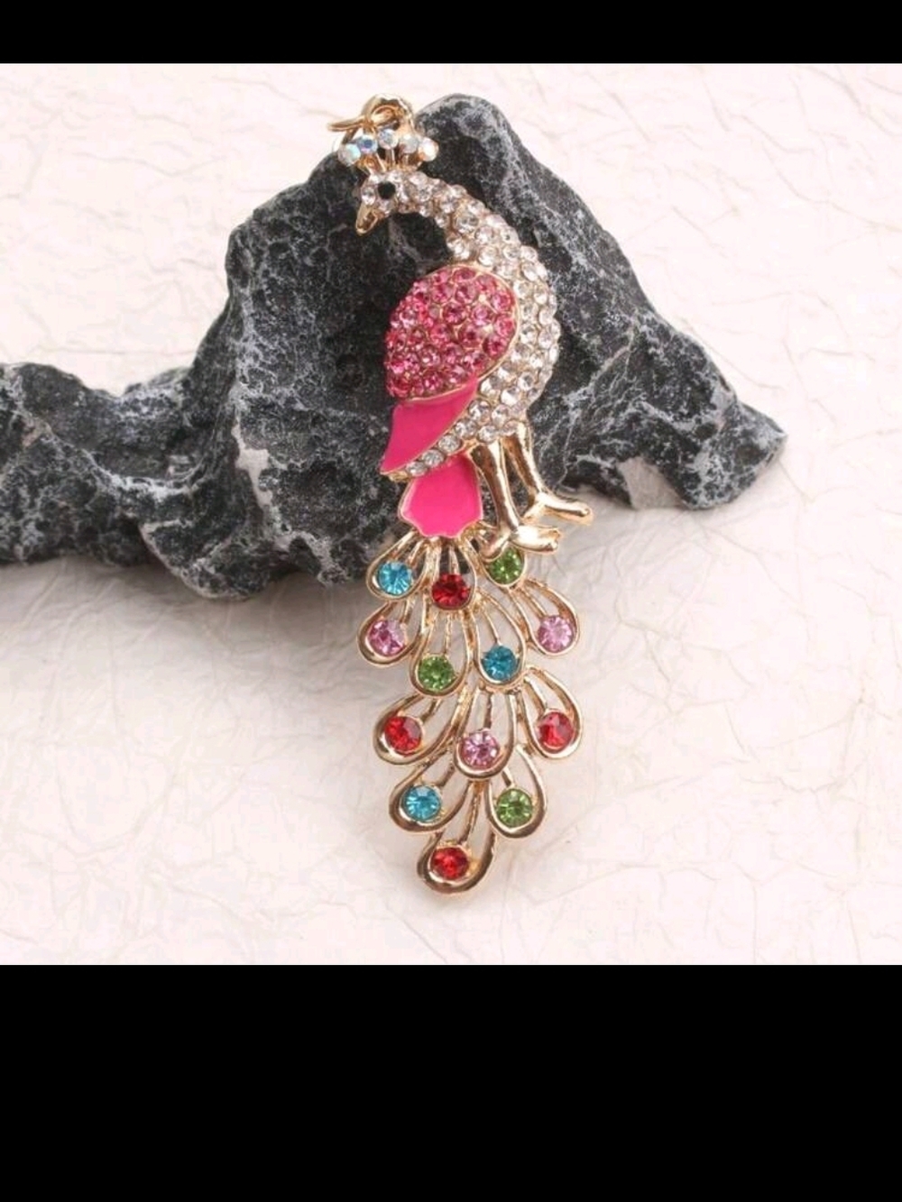 Pink Crystal Peacock Keychain with Multicolor Rhinestone Tail - Picture 2 of 5